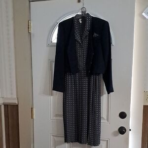 Vintage Leslie Fay Navy and White Long Sleeve Dress with Jacket